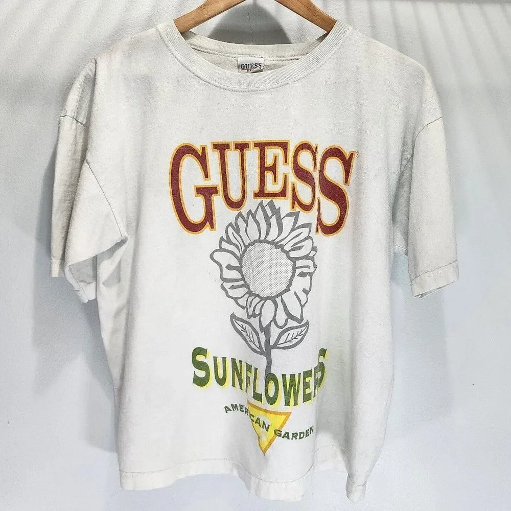 Guess Sunflower Vintage Garden Shirt White Single Stitch USA Rare OG Size Large - Picture 1 of 7